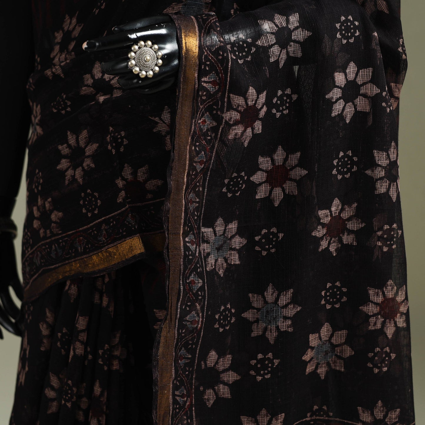 Black Azrak Print Mul Cotton Saree With Unstitched Blouse Piece