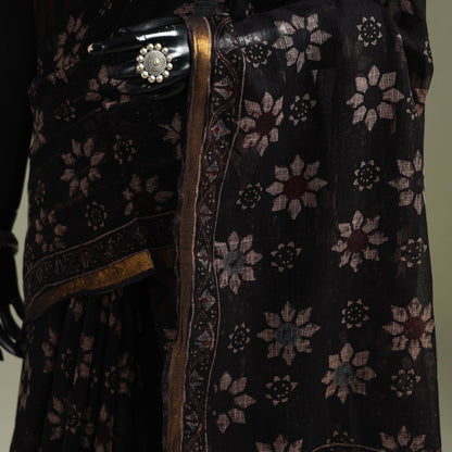 Black Azrak Print Mul Cotton Saree With Unstitched Blouse Piece