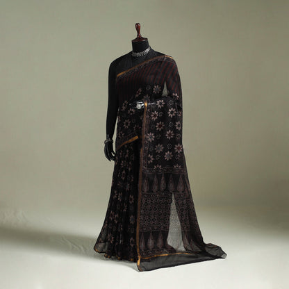 Black Azrak Print Mul Cotton Saree With Unstitched Blouse Piece