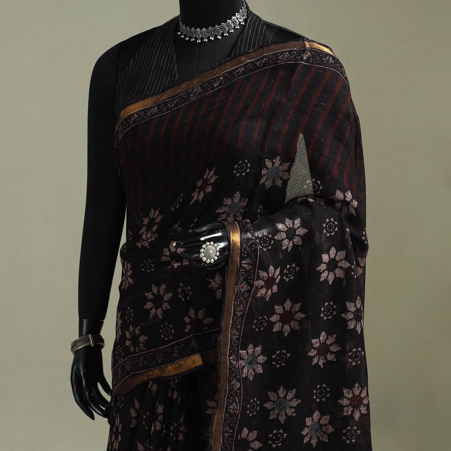 Black Azrak Print Mul Cotton Saree With Unstitched Blouse Piece