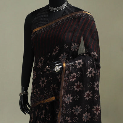 Black Azrak Print Mul Cotton Saree With Unstitched Blouse Piece