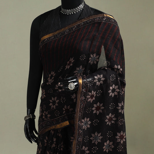 Black Azrak Print Mul Cotton Saree With Unstitched Blouse Piece