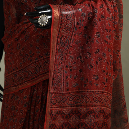 Red Azrak Print Mul Cotton Saree With Unstitched Blouse Piece