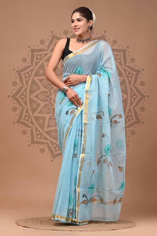 Skyblue Digital Print Mul Cotton Saree With Unstitched Blouse Piece