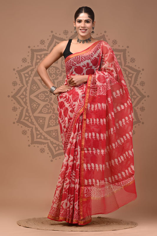Red Digital Print Mul Cotton Saree With Unstitched Blouse Piece