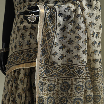 White & Black Azrak Print Mul Cotton Saree With Unstitched Blouse Piece