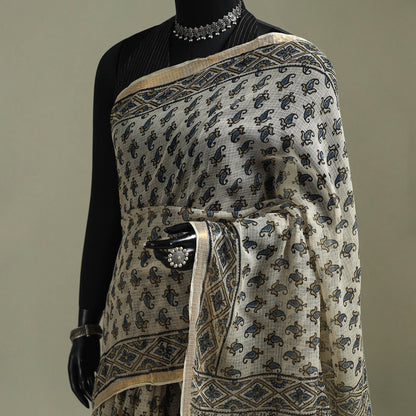 White & Black Azrak Print Mul Cotton Saree With Unstitched Blouse Piece