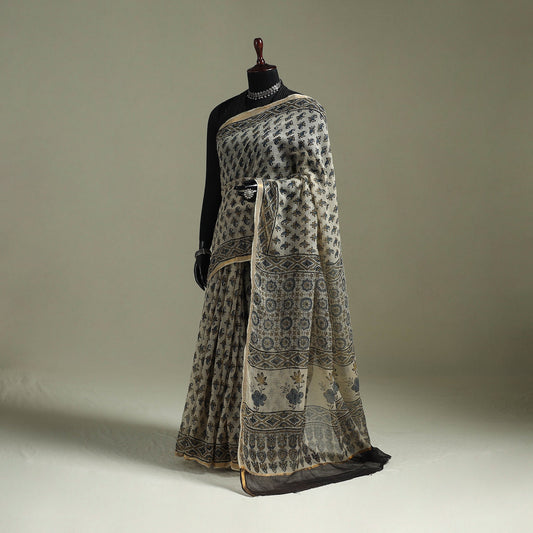 White & Black Azrak Print Mul Cotton Saree With Unstitched Blouse Piece