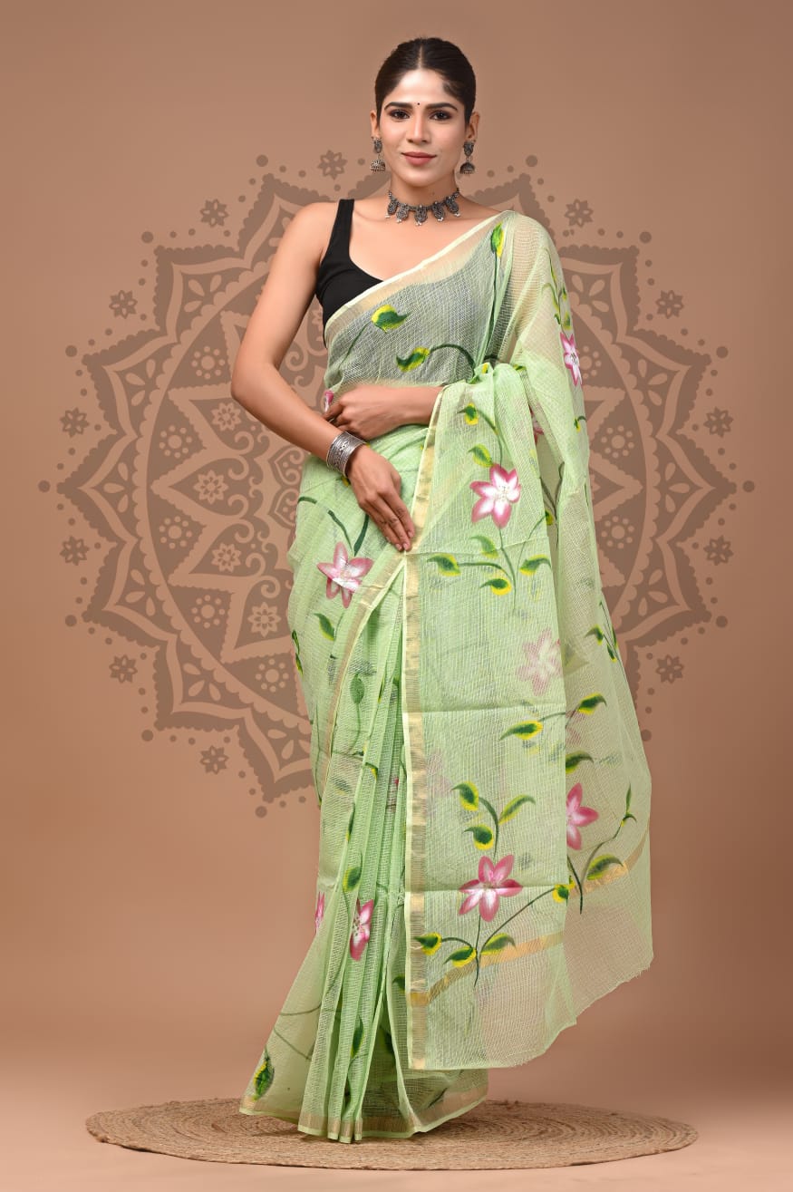 Pista Digital Print Mul Cotton Saree With Unstitched Blouse Piece