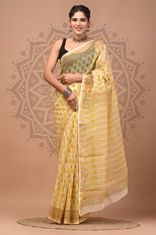 Yellow Digital Print Mul Cotton Saree With Unstitched Blouse Piece