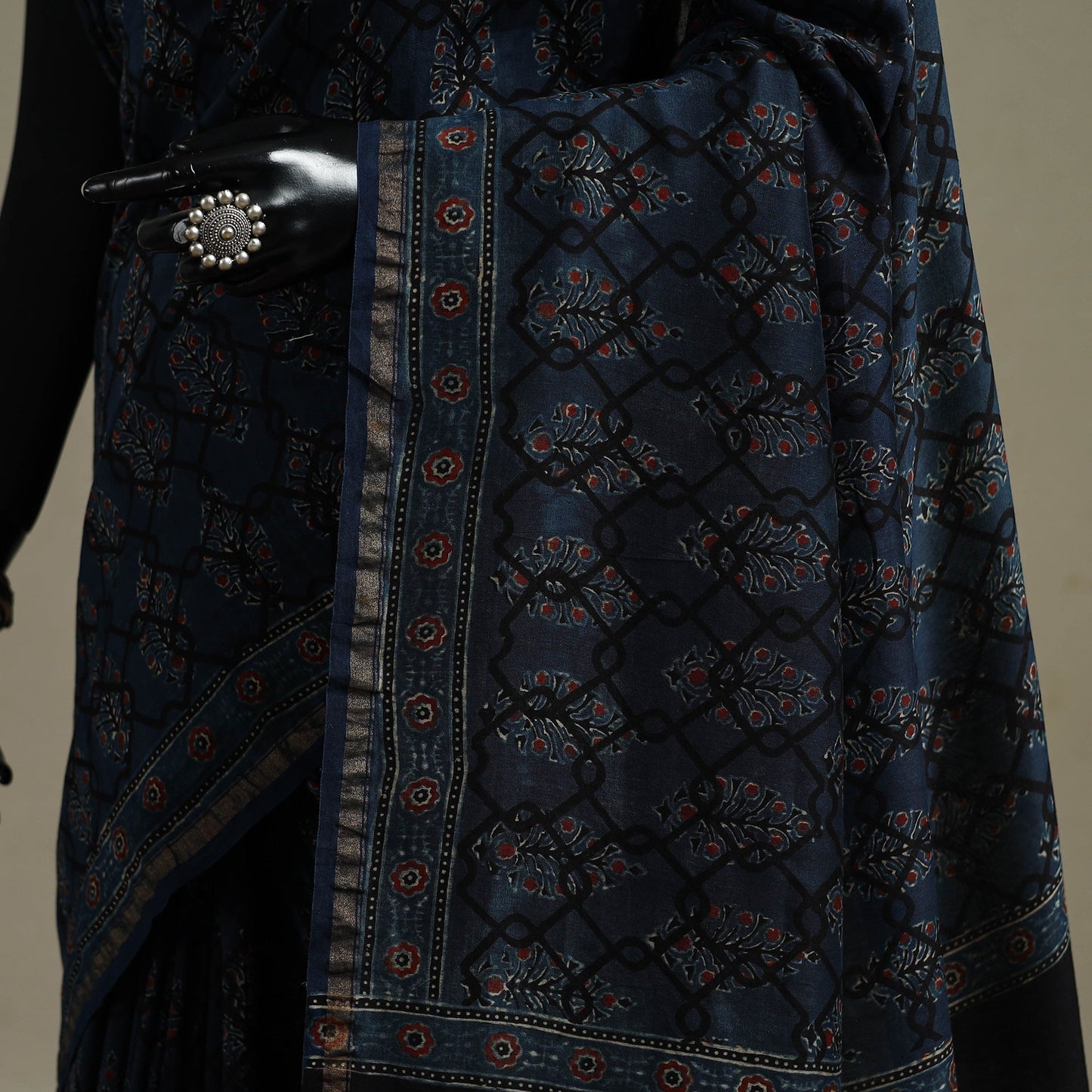 Multicolor Azrak Print Mul Cotton Saree With Unstitched Blouse Piece