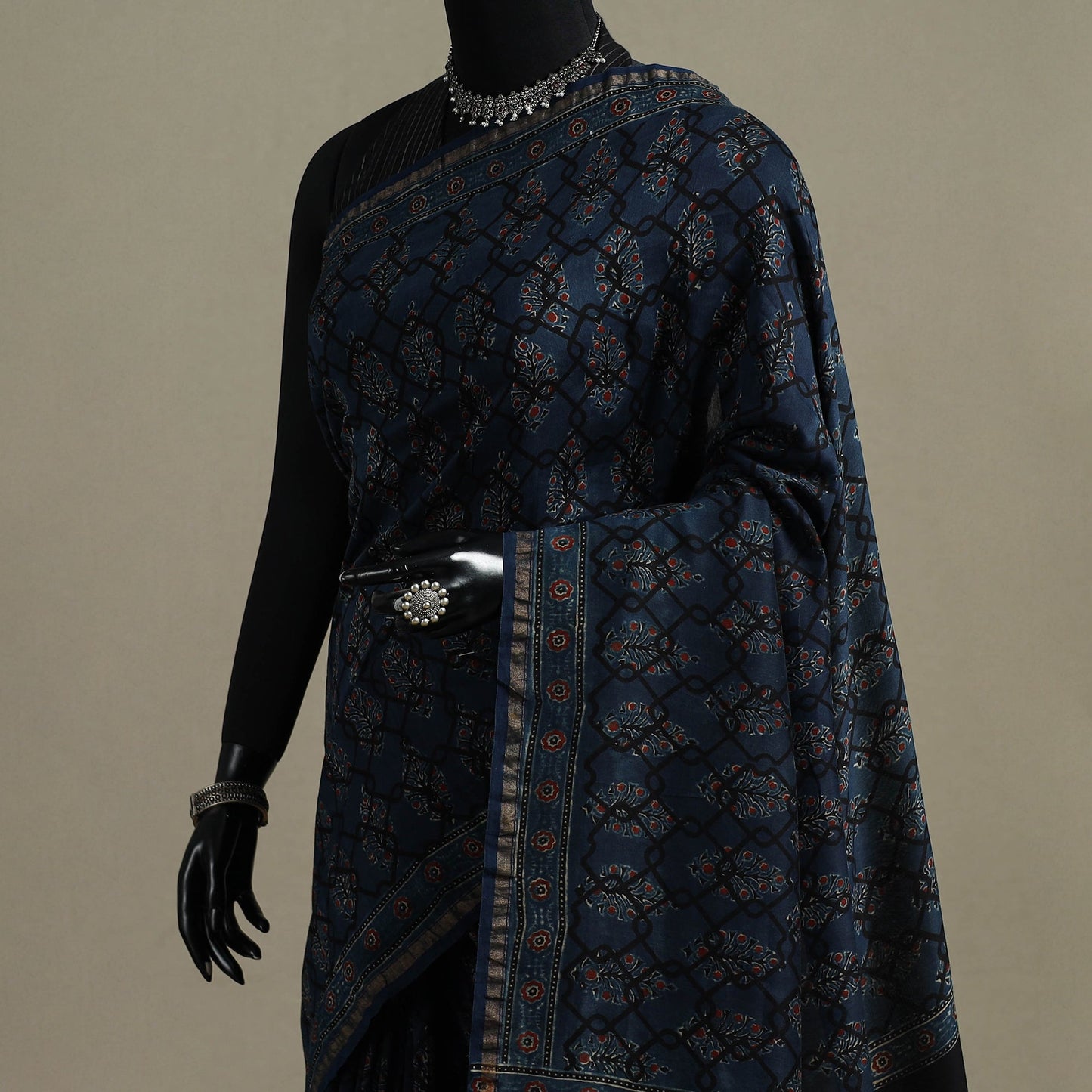Multicolor Azrak Print Mul Cotton Saree With Unstitched Blouse Piece