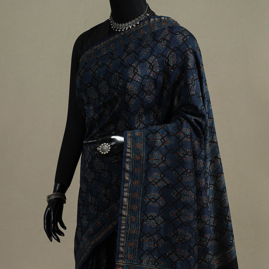 Multicolor Azrak Print Mul Cotton Saree With Unstitched Blouse Piece