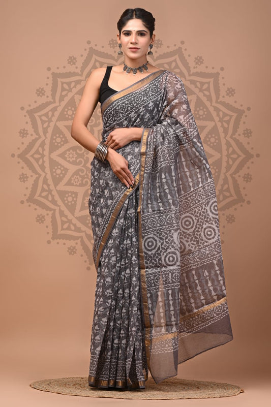 Grey Digital Print Mul Cotton Saree With Unstitched Blouse Piece