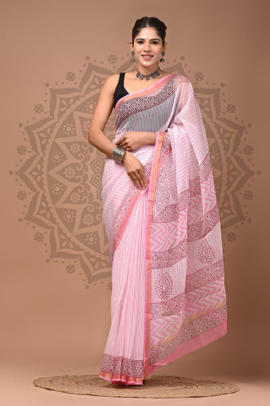 Pink Digital Print Mul Cotton Saree With Unstitched Blouse Piece