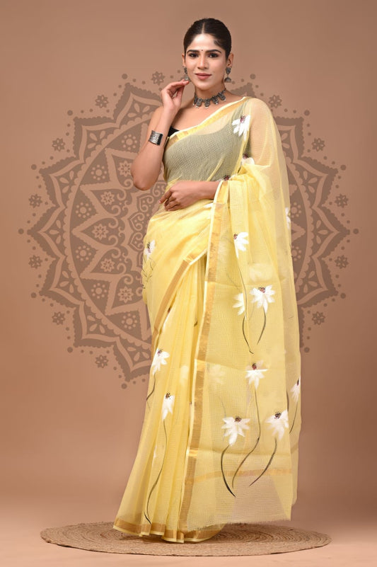 Yellow Flower Print Cotton Saree