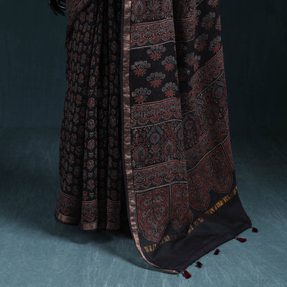 Black with Maroon Azrak Print Mul Cotton Saree With Unstitched Blouse Piece