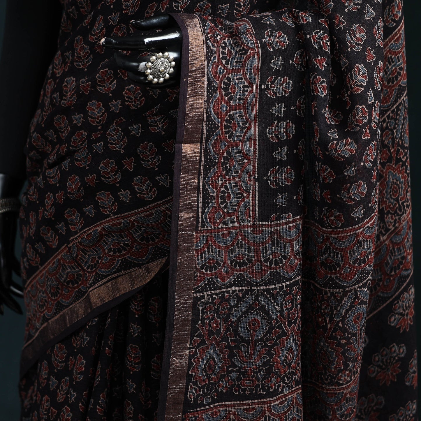 Black with Maroon Azrak Print Mul Cotton Saree With Unstitched Blouse Piece