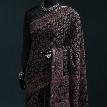 Black with Maroon Azrak Print Mul Cotton Saree With Unstitched Blouse Piece