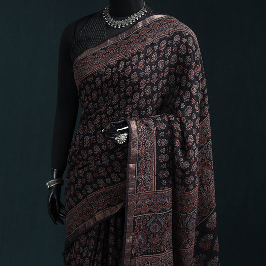 Black with Maroon Azrak Print Mul Cotton Saree With Unstitched Blouse Piece