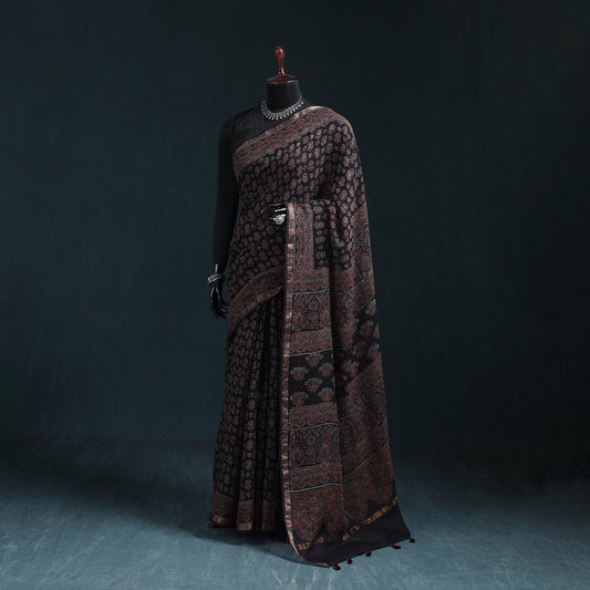 Black with Maroon Azrak Print Mul Cotton Saree With Unstitched Blouse Piece