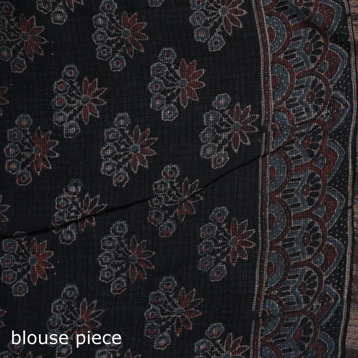 Black with Maroon Azrak Print Mul Cotton Saree With Unstitched Blouse Piece
