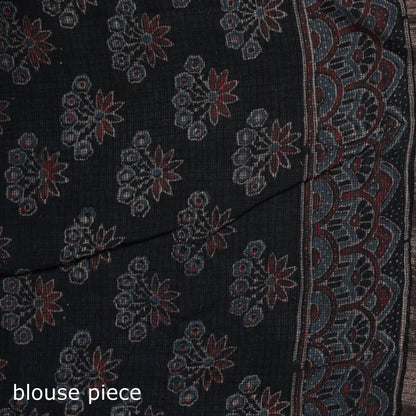 Black with Maroon Azrak Print Mul Cotton Saree With Unstitched Blouse Piece