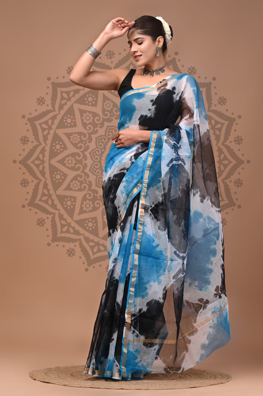 Blue Black Lehriya Print Cotton Saree