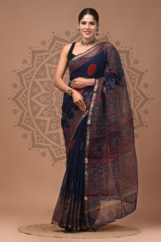 Blue Flower Print Cotton Saree