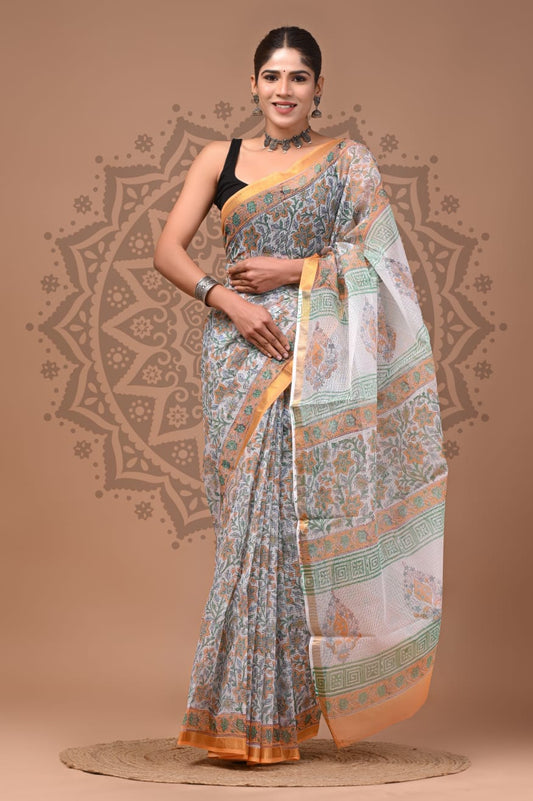 White Flower Print Cotton Saree