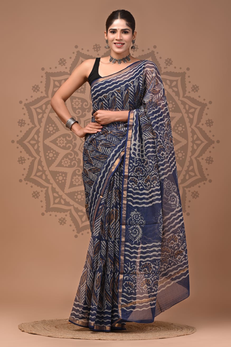 Navy Blue Flower Print Cotton Saree