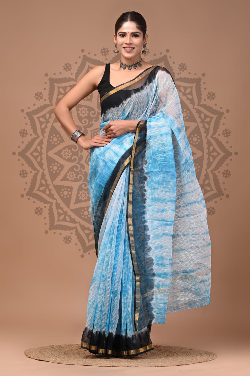 Skyblue Lehriya Print Cotton Saree