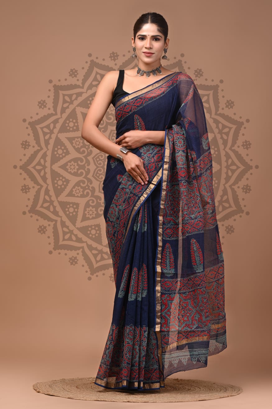 Navy Blue Flower Print Cotton Saree