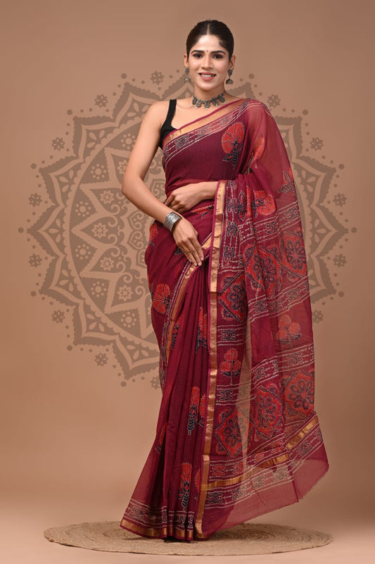 Red Flower Print Cotton Saree