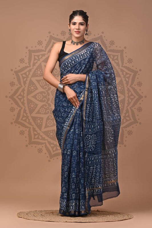 Blue Flower Print Cotton Saree