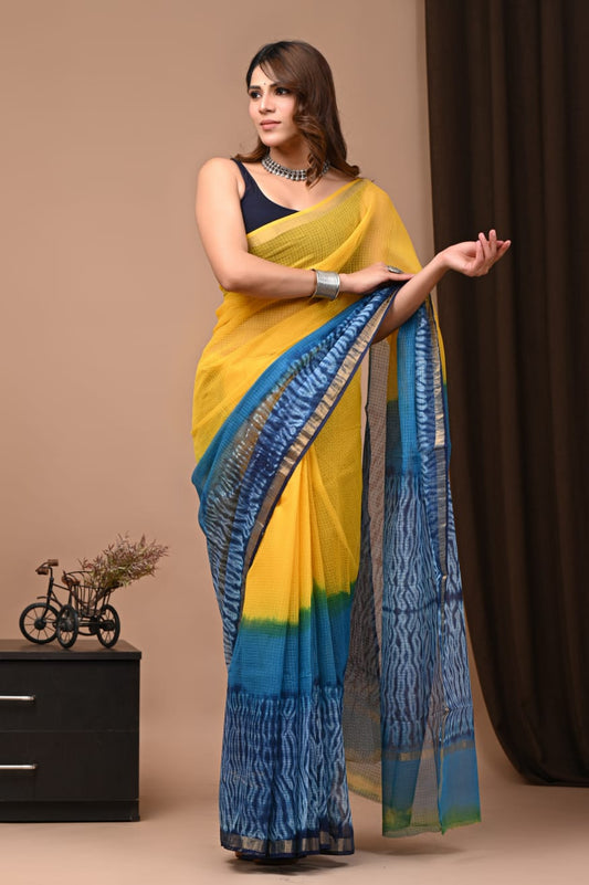 Yellow Laheriya Bandhani Print Cotton Saree