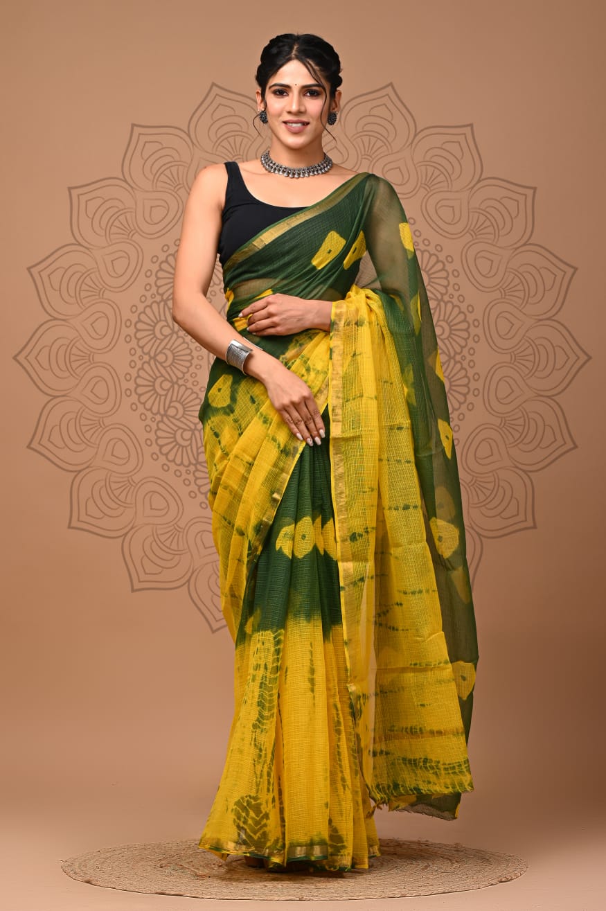 Yellow Green Bandhani Print Cotton Saree