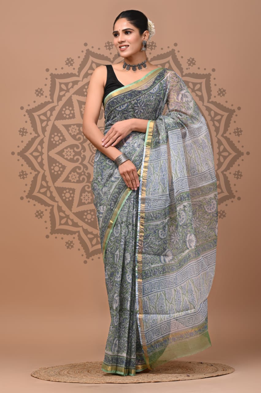 Silver Flower Print Cotton Saree