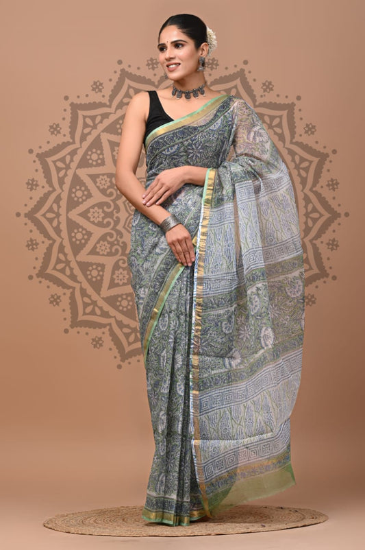 Silver Flower Print Cotton Saree