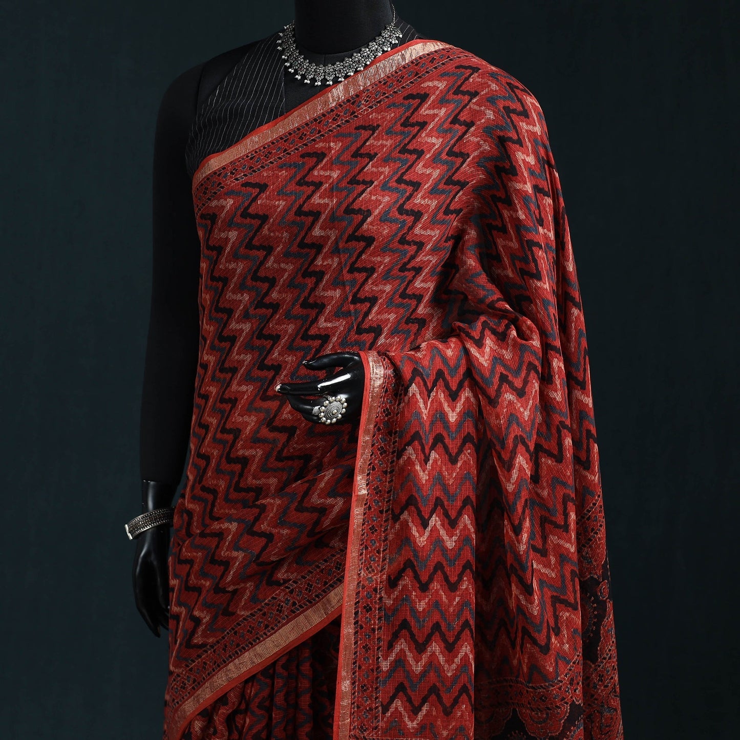 Multicolor Azrak Print Mul Cotton Saree With Unstitched Blouse Piece