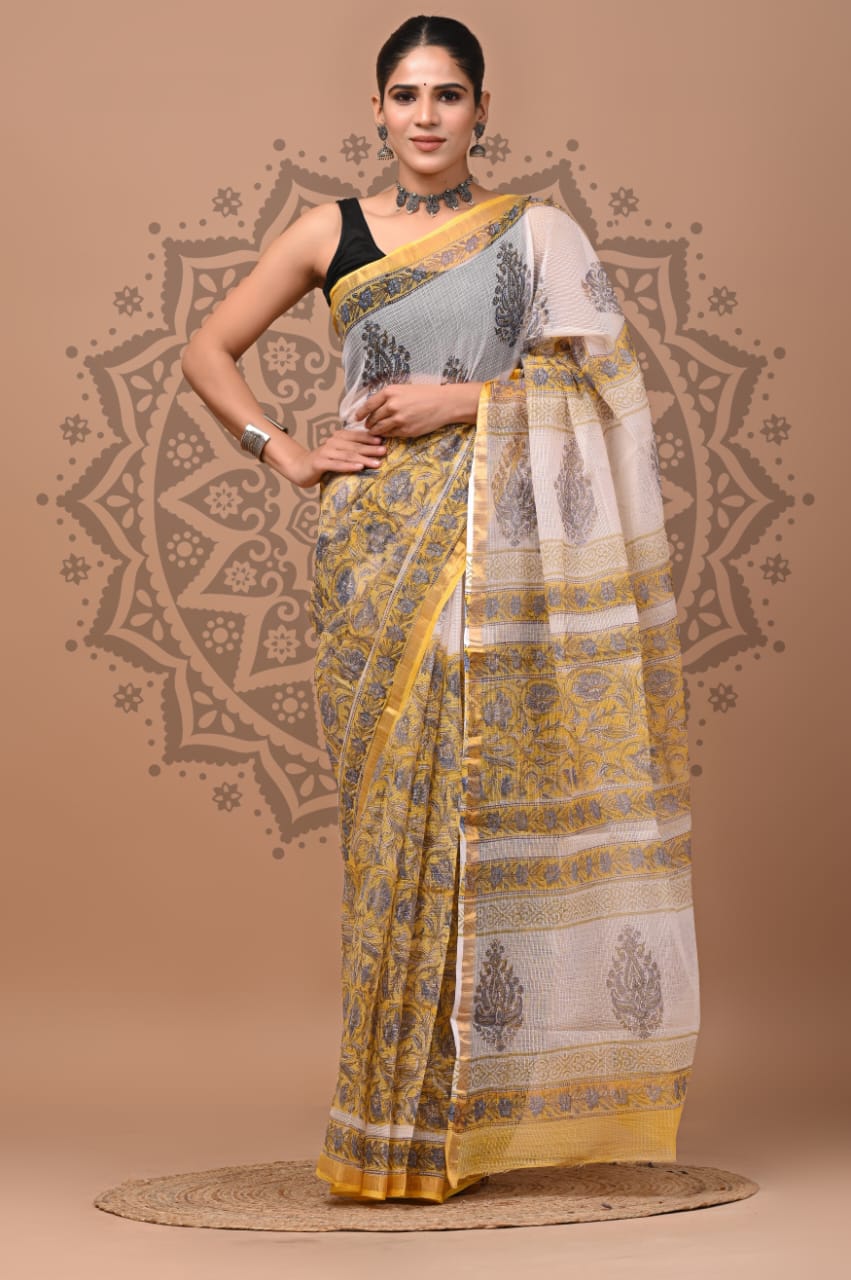 Yellow Flower Print Cotton Saree