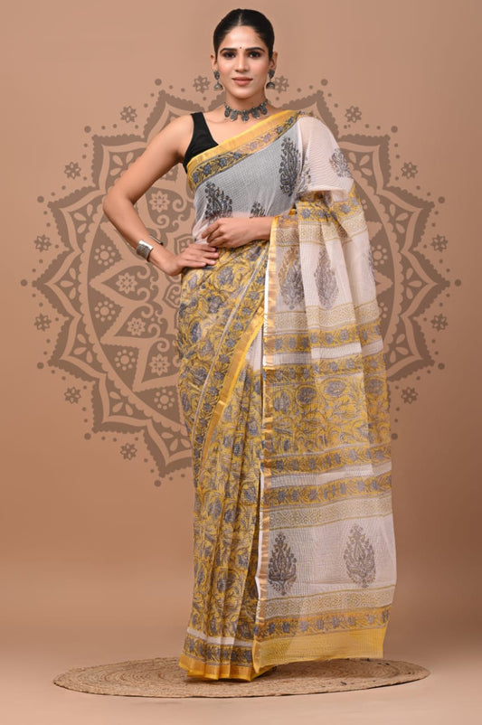 Yellow Flower Print Cotton Saree