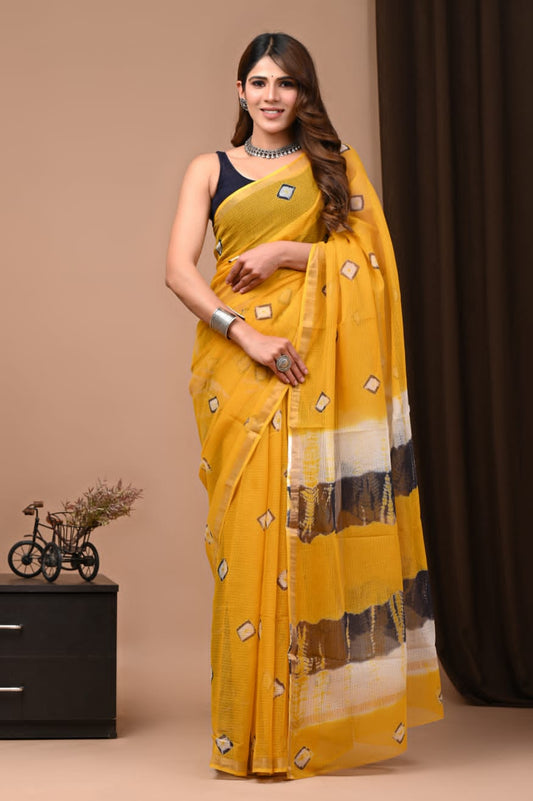 Yellow triangle Print Cotton Saree