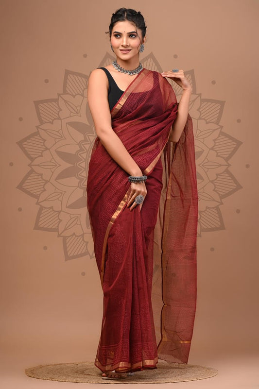 Maroon Micro Flower Print Cotton Saree