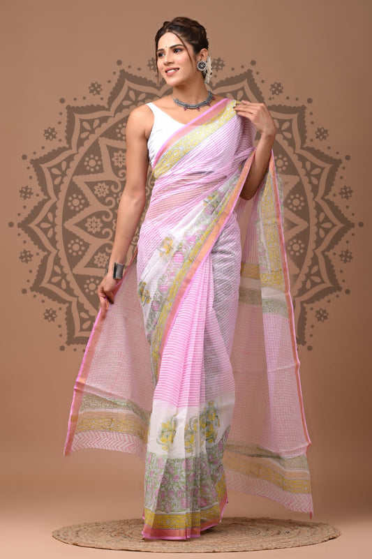 Pink Flower Print Cotton Saree