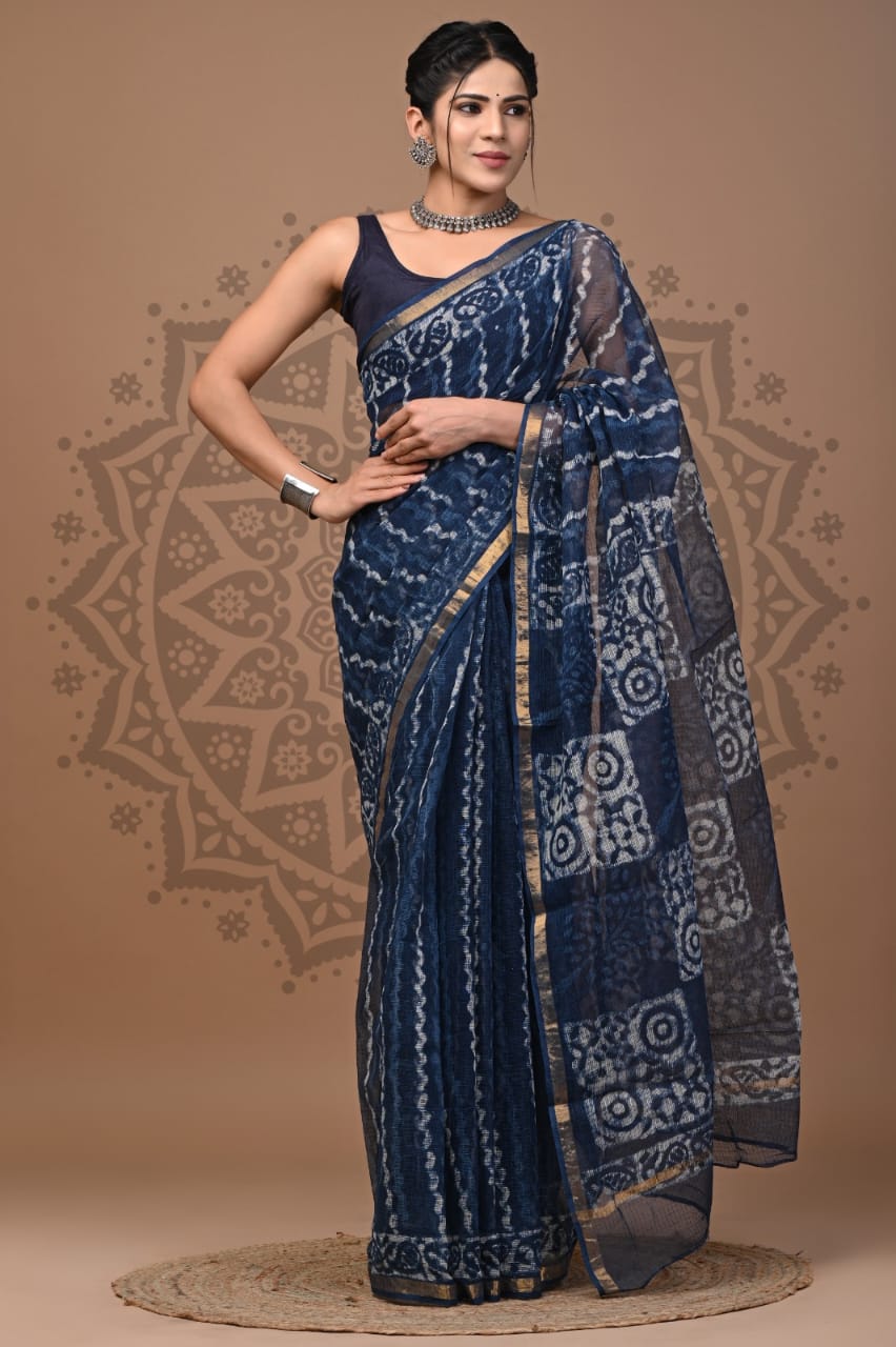 Blue Abstract Print Cotton Saree