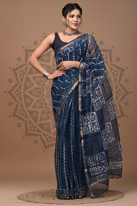 Blue Abstract Print Cotton Saree