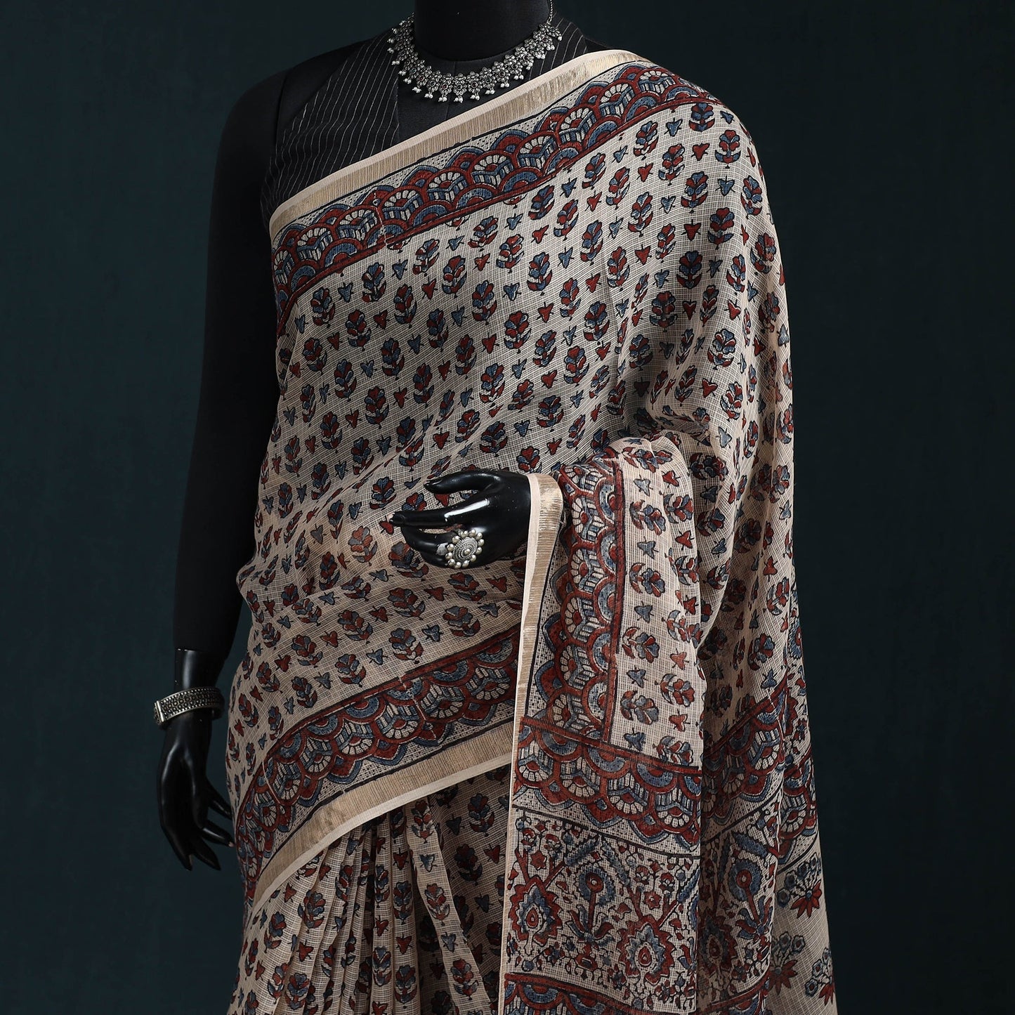 Multicolor Azrak Print Mul Cotton Saree With Unstitched Blouse Piece