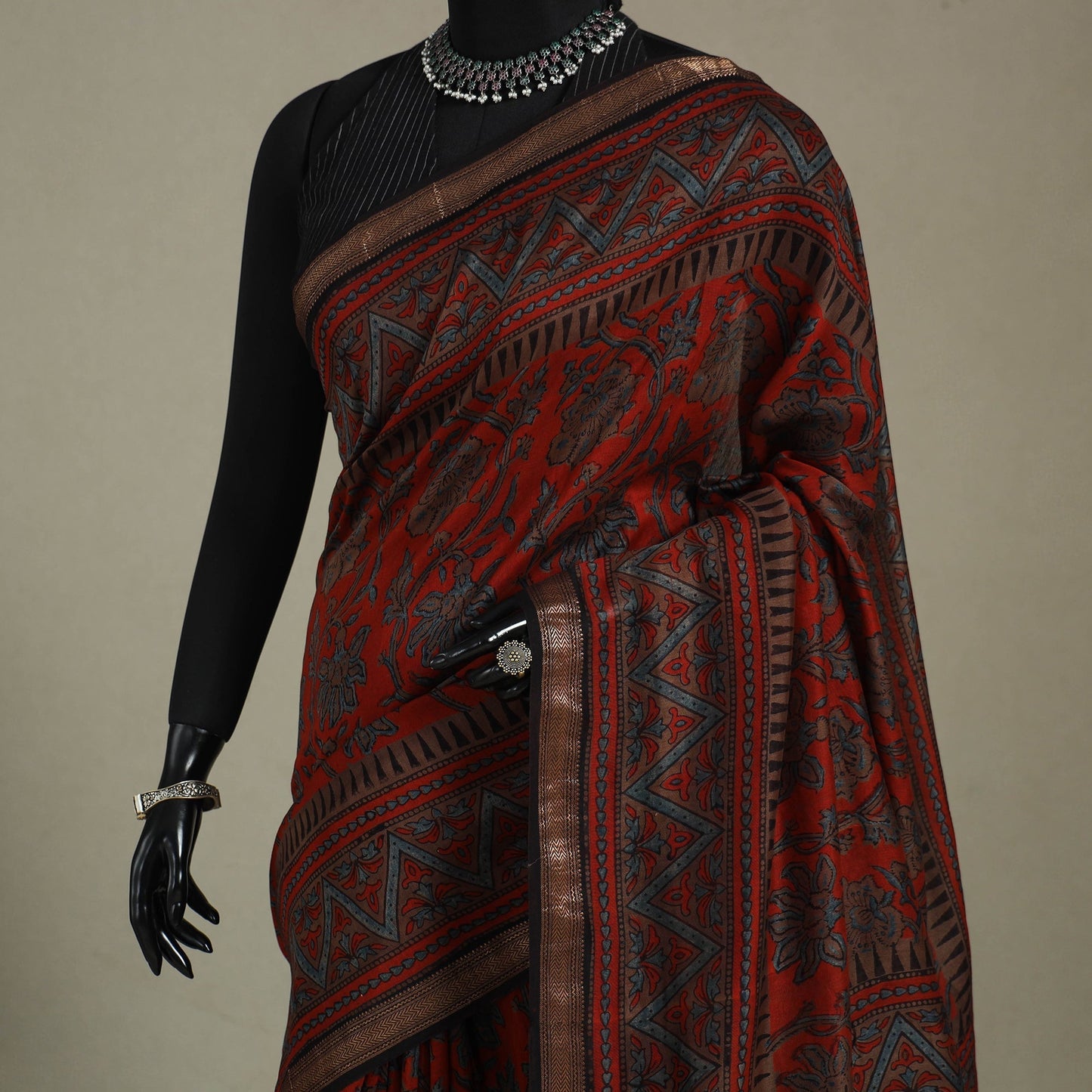 Multicolor Azrak Print Mul Cotton Saree With Unstitched Blouse Piece