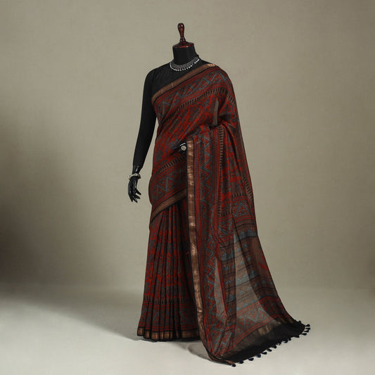 Multicolor Azrak Print Mul Cotton Saree With Unstitched Blouse Piece